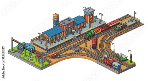Isometric Train Station With Multiple Tracks And Trains.
