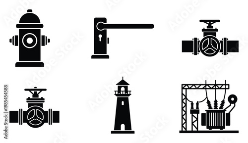 Essential infrastructure and safety icons including a fire hydrant, door handle, industrial valves, coastal lighthouse, and electrical power substation for various graphic design projects.