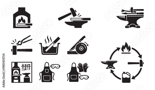 Blacksmithing tools and process icons with blacksmith workshop grinding