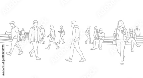 A collection of casually dressed people are depicted walking and sitting in a public park setting rendered as a striking silhouette high quality professional