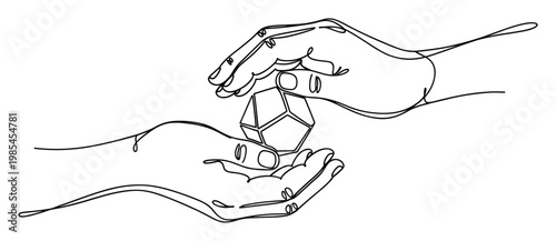 Continuous line drawing of two human hands carefully holding and protecting a multifaceted geometric object representing concepts of value innovation and shared responsibility in business
