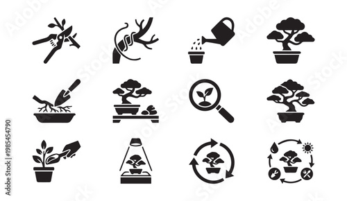 Bonsai tree cultivation and care icons with cultivation gardening scissors