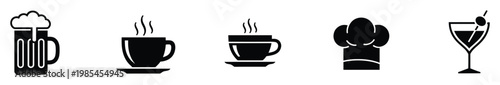 Food and beverage service icons featuring beer mug, hot coffee cups, chef hat, and cocktail glass, ideal for menus, websites, and culinary themed applications.