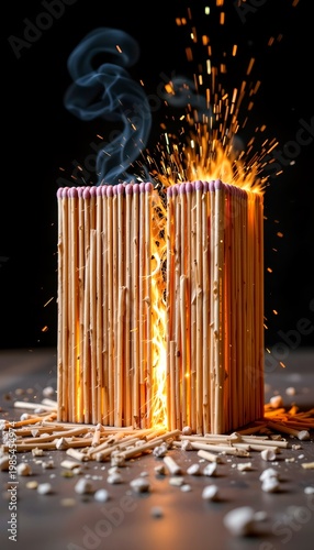 modern building made of matchsticks breaking and burning, sparks falling like debris, high detail, no text