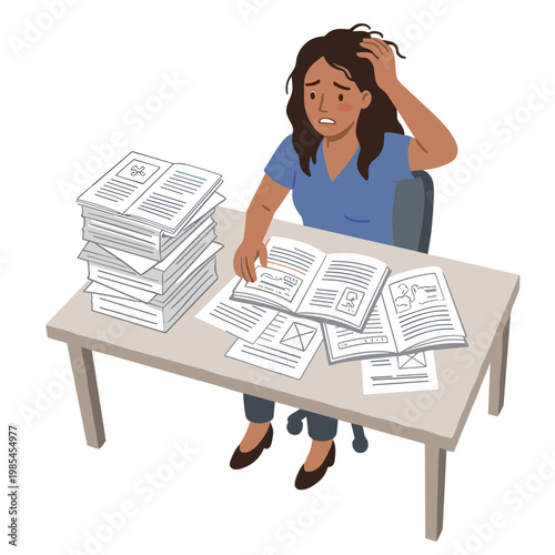 A stressed woman sits at a desk overwhelmed by a large stack of papers and open documents.