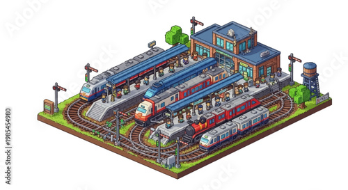 Isometric Train Station With Multiple Trains and Platforms.