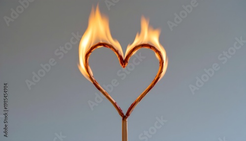 heart shaped matchstick sculpture catching fire from one side, emotional concept, love and pain symbolism, dramatic lighting, no text