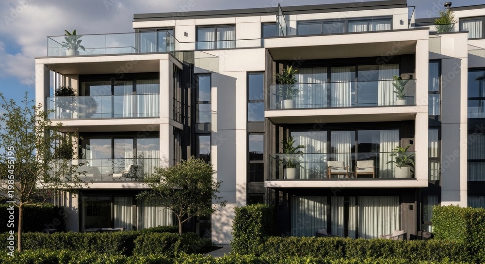 Fototapeta premium A modern apartment building with balconies and greenery in the foreground.