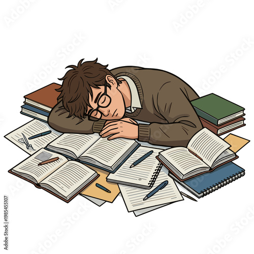 Student falls asleep on pile of books and notes on desk