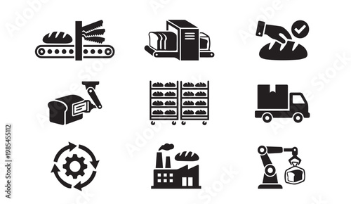 Bread and bakery production line icons with production manufacturing industry