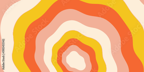 Vibrant concentric wavy lines in orange, yellow, and pink hues create a mesmerizing abstract pattern on a white background.