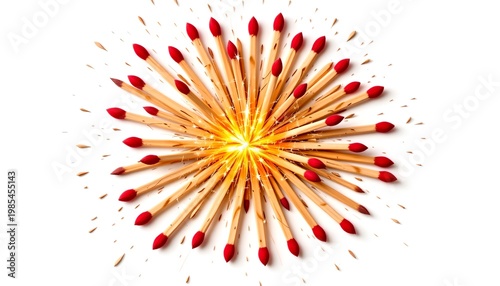 cluster of matchsticks igniting outward like explosion, sparks and flame detail, isolated white background, PNG, no text