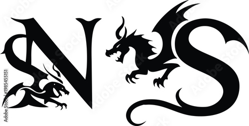 Stylish NS letters with black dragons ornate design, ancient mythological creature, fantasy beast illustration.
