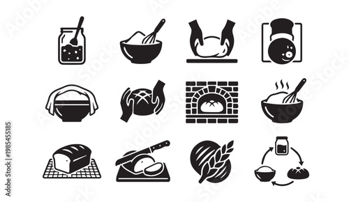 Baking and bread making icons set with kneading ingredients illustration