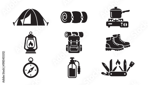 Camping and outdoor adventure gear icons with multi tool adventure equipment