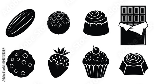 Collection of chocolate and dessert icons perfect for confectionery shop menus bakery advertisements or sweet treat packaging designs