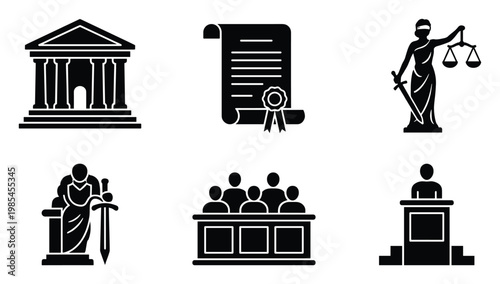 Collection of black glyph icons for legal and justice system concepts featuring courthouse, law document, blind justice, judge, jury, and witness podium for judiciary and courtroom themes