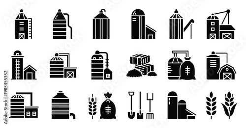 Collection of diverse farm buildings, silos, agriculture tools, and crop symbols providing essential graphic resources for farming and rural themed projects