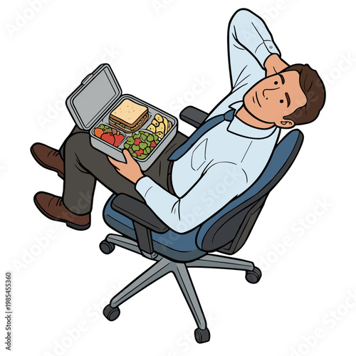 Man sitting on office chair eating lunch from a lunchbox on his lap