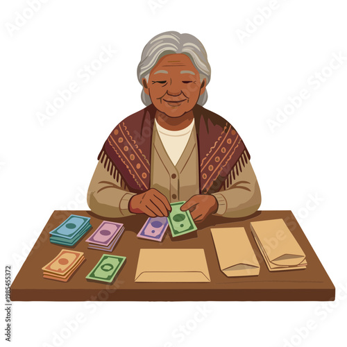 An elderly woman sitting at a table counting money and organizing papers.