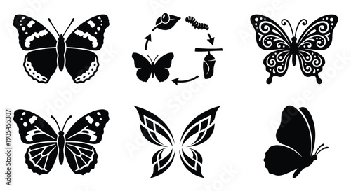 Collection of diverse butterfly icons and silhouettes depicting natures delicate insect beauty for graphic design projects and educational materials