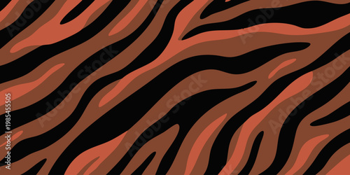 A close-up view of a vibrant zebra pattern with brown and black stripes on an animal's fur in a natural environment.