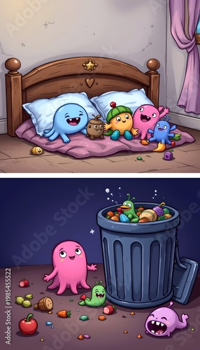 cute animated style germs hiding under bed and around trash, child friendly design, expressive characters, simple background, no text
