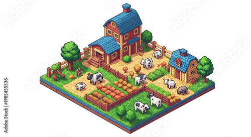 Isometric Farm Scene with Barns and Livestock.