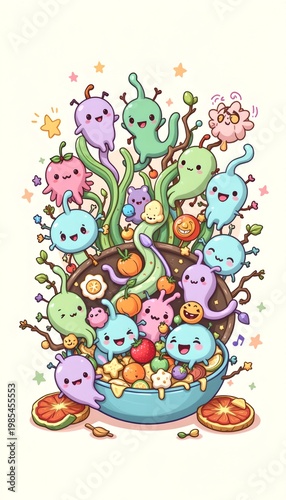 kawaii style bacteria characters multiplying around leftover food, soft pastel palette, friendly yet educational tone, no text