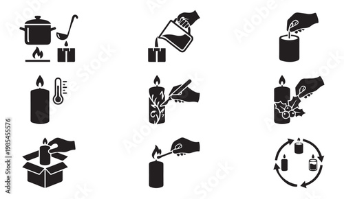 Candle making and crafting process icons with crafting instruction temperature