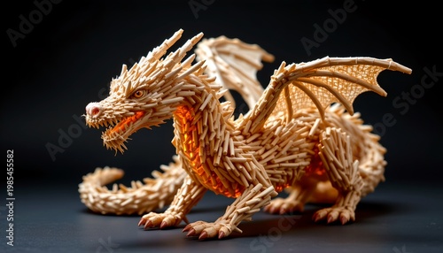 intricate dragon sculpture made entirely of matchsticks, detailed scales formed by layered sticks, glowing ember tips, dark studio background, dramatic lighting, ultra realistic macro detail