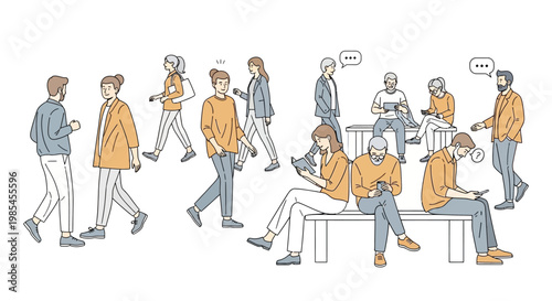 A diverse group of people are shown interacting in a public space walking sitting and using devices depicted as a minimalist silhouette high quality
