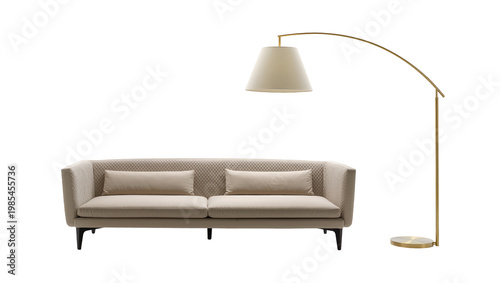 Beige modern sofa with two pillows and gold arc floor lamp