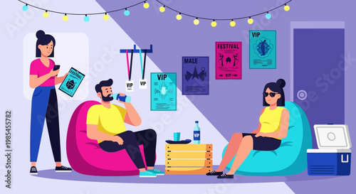 Friends relaxing in a cozy room with bean bags.