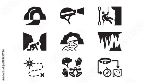 Caving and spelunking adventure icons with spelunking adventure exploration