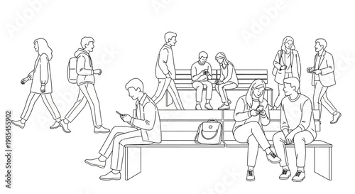 A collection of diverse people are shown walking sitting and interacting with technology in a public space presented as a silhouette high quality professional