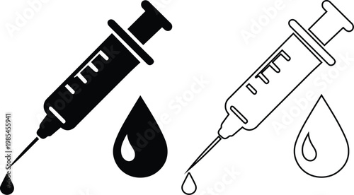 Medical syringe icons with drops of liquid in black solid silhouette and thin line outline styles, ideal for vaccination, healthcare, and medical laboratory graphic design.