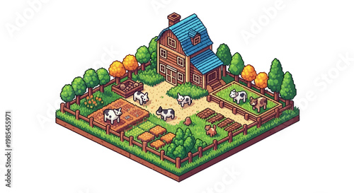 Isometric Farm Scene with Cows and Crops.