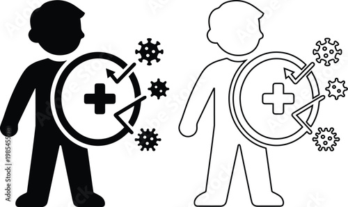 Human figure with an immune system shield protecting against virus and bacteria cells, representing health defense and medical protection.
