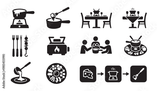 Fondue meal preparation and serving icons with chocolate gathering vegetable
