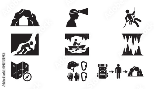 Caving and spelunking equipment and activity icons with spelunking, exploration