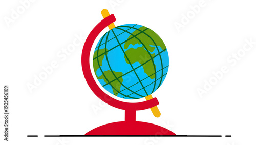 Red Globe with Meridian Lines and Wooden Stand