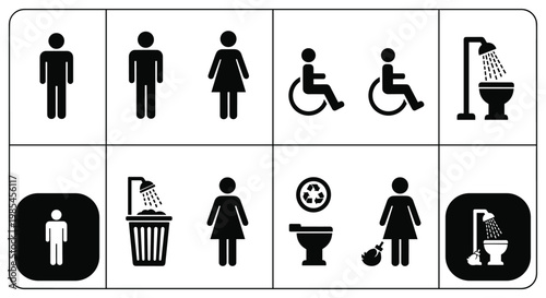 A collection of black and white restroom signage depicting individuals accessibility and hygiene facilities for public use high quality professional detailed modern elegant