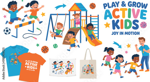 Active Kids Playing Sports and Enjoying Playground Fun with Gear and T-shirts Vector Illustration for Fitness, Outdoor Play, and Childhood Activity Designs