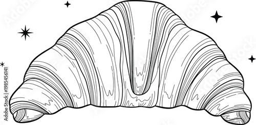 Hand drawn vector illustration of a fresh buttery croissant pastry with starry elements for bakery cafe menu and breakfast food branding