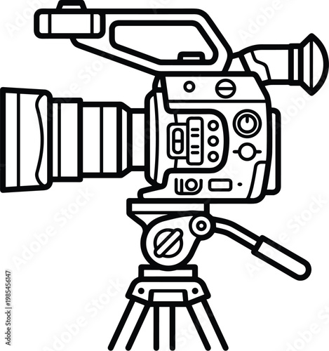 A detailed line drawing depicts a professional video camera mounted on a tripod showcasing equipment used in filmmaking and broadcasting high quality modern
