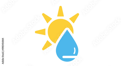 Weather icon with sun and raindrop.