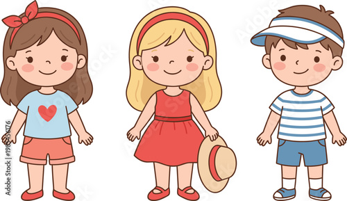 Cute Children in Summer Outfits with Hats and Colorful Clothing Vector Illustration for Kids, Fashion, and Seasonal Designs