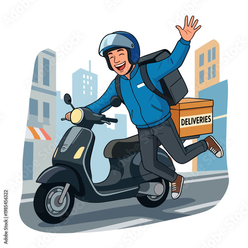 Delivery man riding scooter through city with deliveries box on back excitedly waving hand