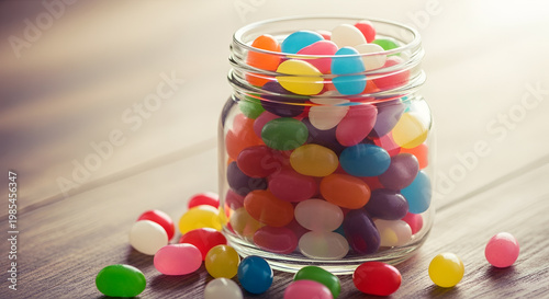 Colorful candy in a glass jar.